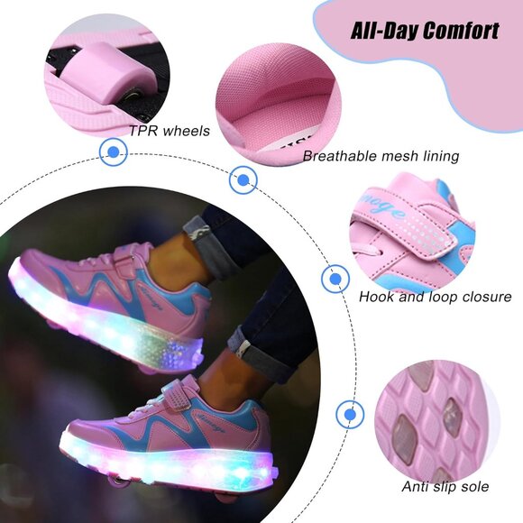 Kids Pink 3 Usb Chargeable Led Light Up Wheeled Skate Sneaker Shoes - Picture 4 of 6